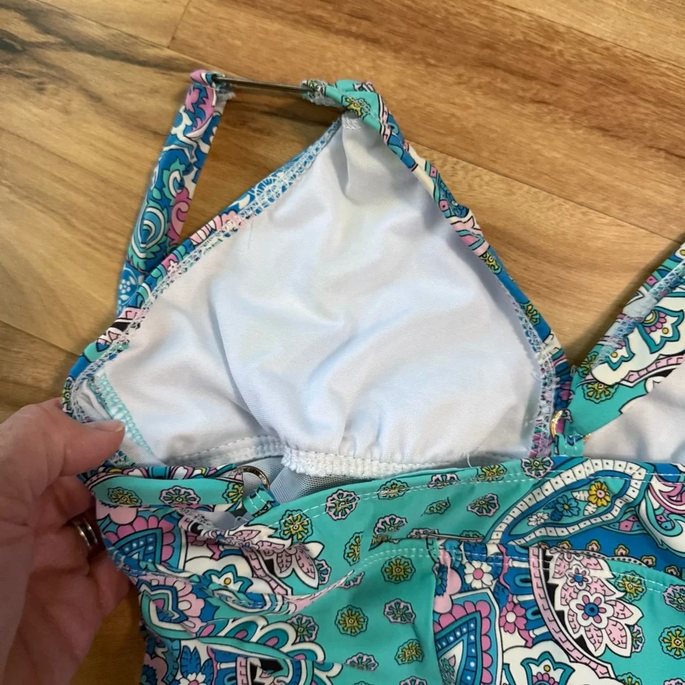 SPANX Assets by Sara Blakely Aqua Blue Pink Paisley One Piece Swimsuit‎ Small